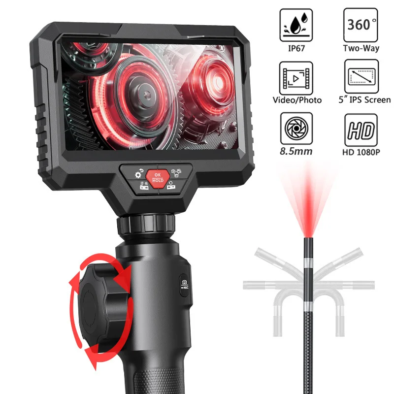 

Two-Way Rotary 360° 8.5mm Industrial Piping Endoscope Camera Sewer Inspection Borescope Camera 5.0 Inch IPS Screen HD 1080P