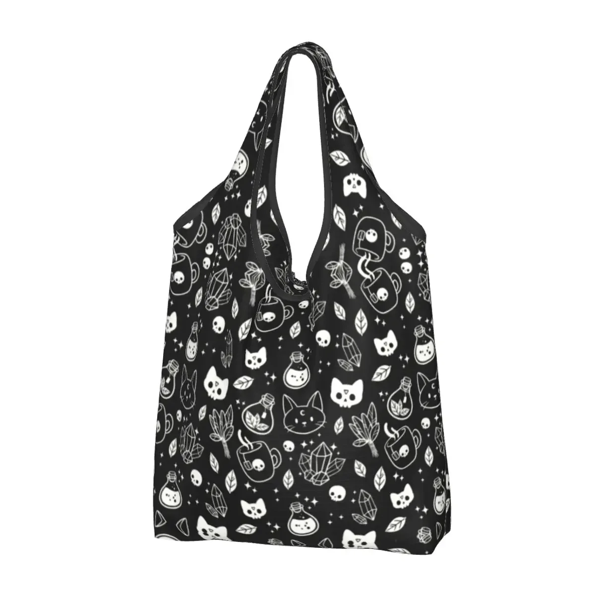 Saco de compras de bruxa reutilizável personalizado sacola feminina portátil halloween gato crânio sacos de compras de mercearia