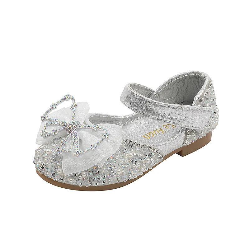 Girls Rhinestone Leather Shoes 2024 New Kids Sequin Bowknot Wedding Dress Shoes Children Princess Fashion Dance Flat Heels Shoes