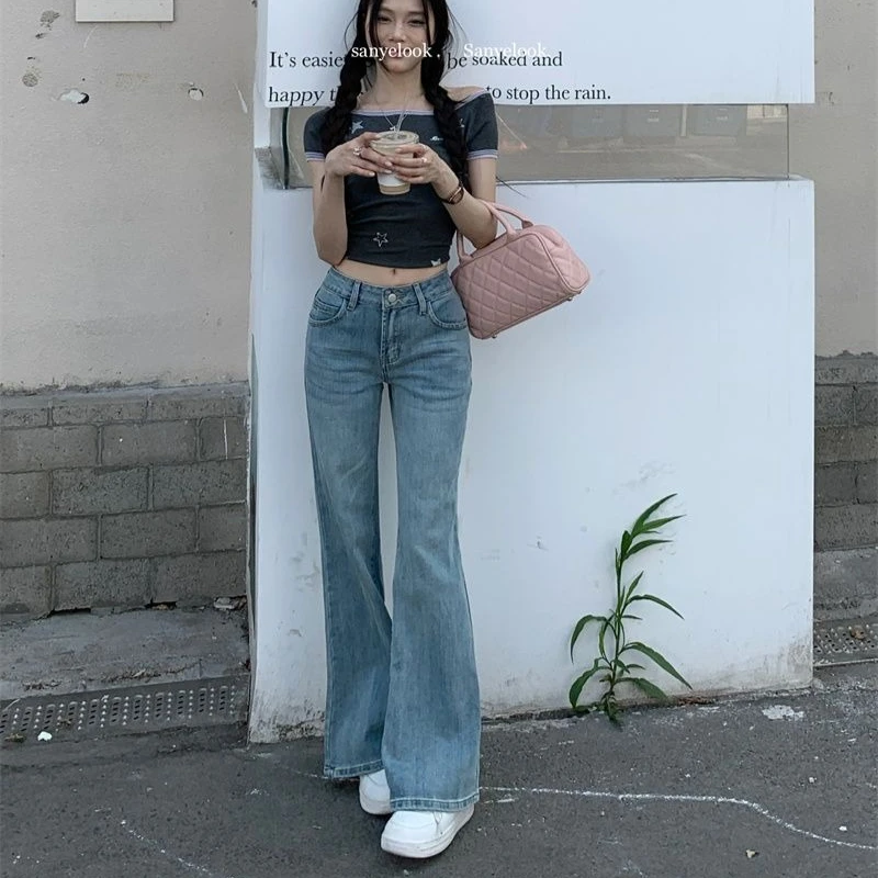 Damskie szerokie jeansy z szerokimi nogawkami na lato 2025, dzwony, spodnie dżinsowe rozszerzane, wysoki stan, vintage, elastyczne, luźne damskie spodnie typu flare.