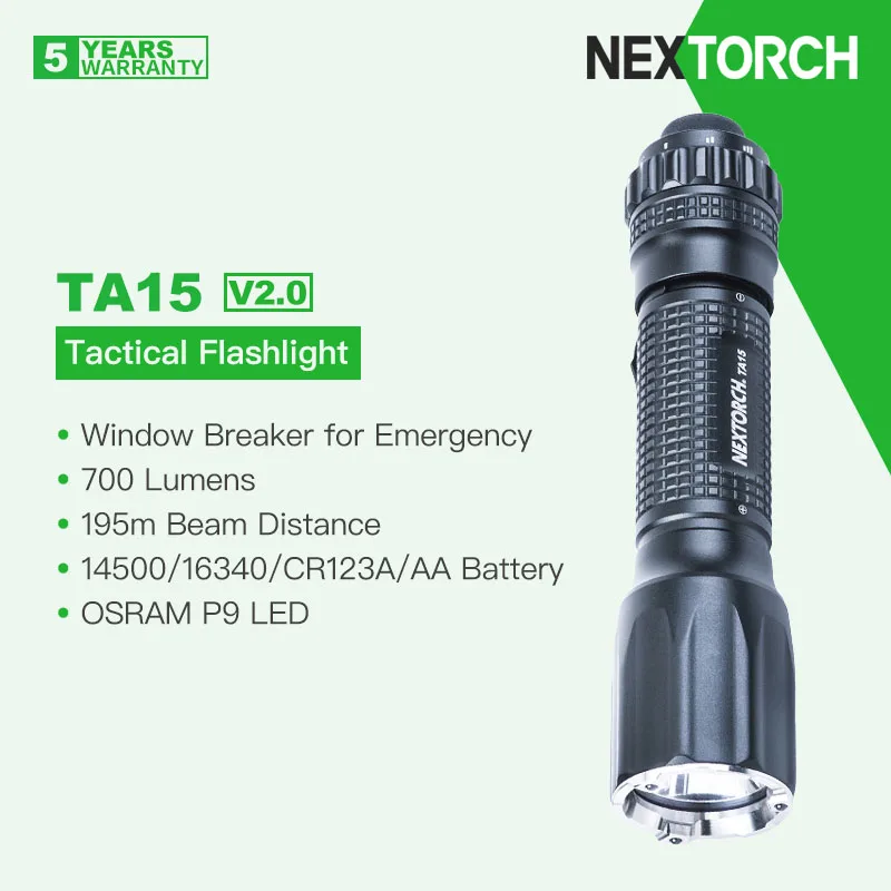 Nextorch TA15 V2.0 Tactical Flashlight with Super-Hard Strike Tips, 700 Lumens for Camping, Hiking, Self Defense, Emergency, EDC