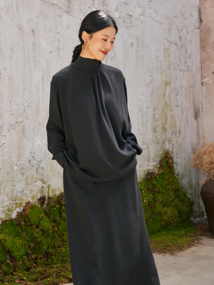 

Женская хлопковая кофта TAORAN с высоким воротником и длинным рукавом, свободного кроя, с художественным дизайном, повседневная, черная