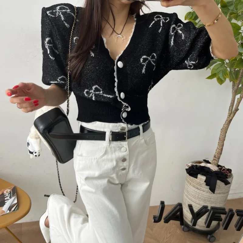 Neploe 2024 Spring New Slim Fit Knitted Cardigan Sweet V-neck Bow Print Single Breasted Sweaters Y2k Short Sleeve Tops Women