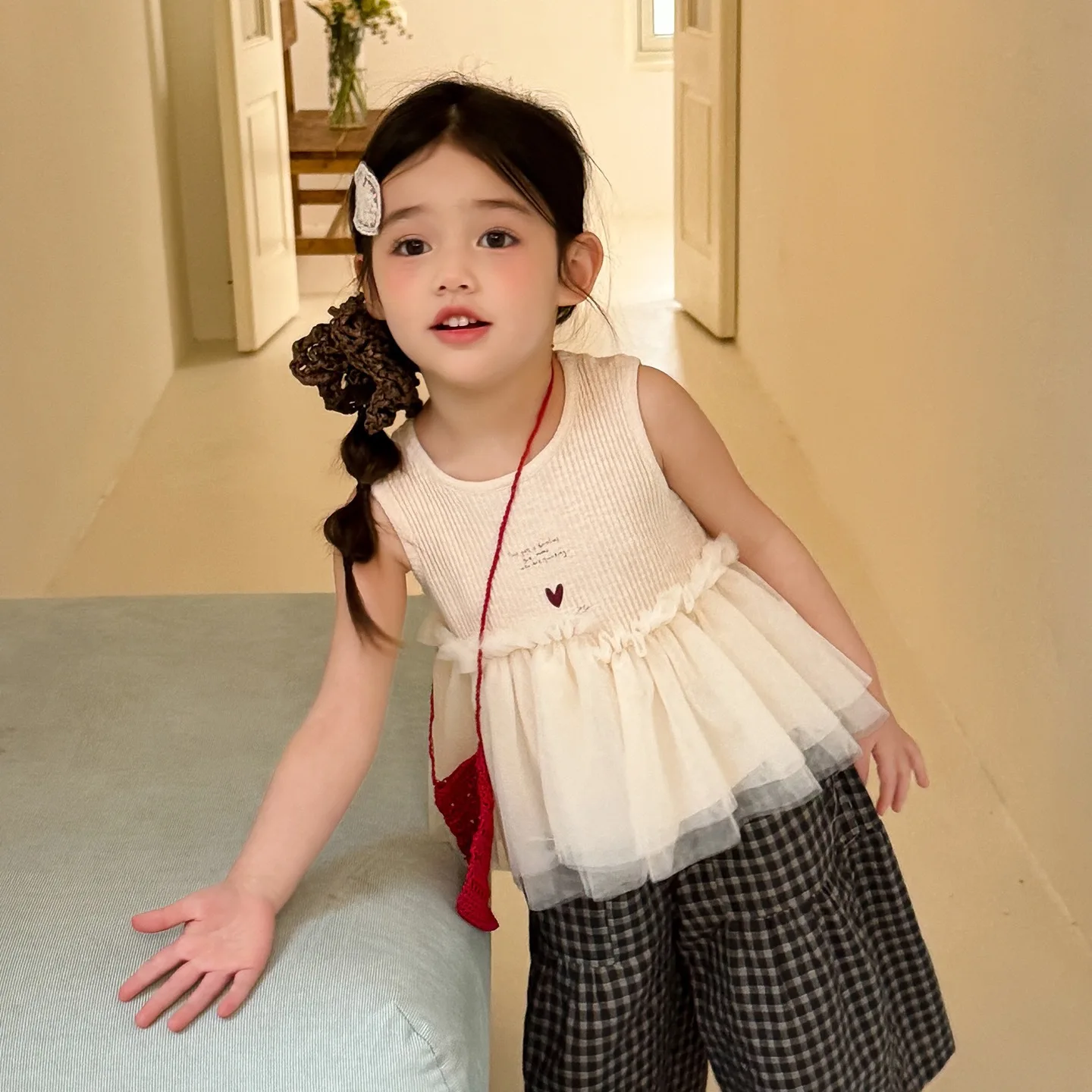 

2026 Summer New Girls Korean Version Soft Yarn Patchwork Vest Girls Treasure Sleeveless Top Checkered Wide Leg Pants