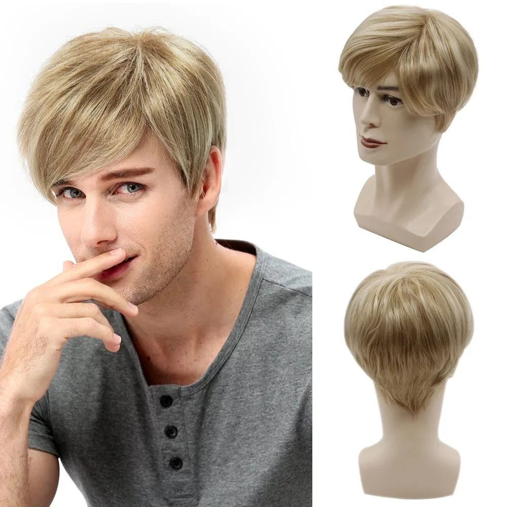 Men's Wigs Short Gold Hair Fashion Short Mens Blonde Wig Straight Synthetic Wig Men Cosplay Wig