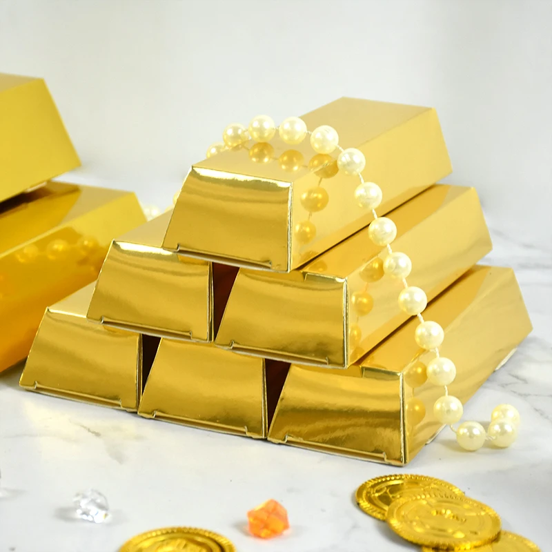 10Pcs Paper Gold Bar Gift Box Fake Gold Bullion Simulated Golden Brick Candy Bar Bag Birthday Party Decorations Baby Shower