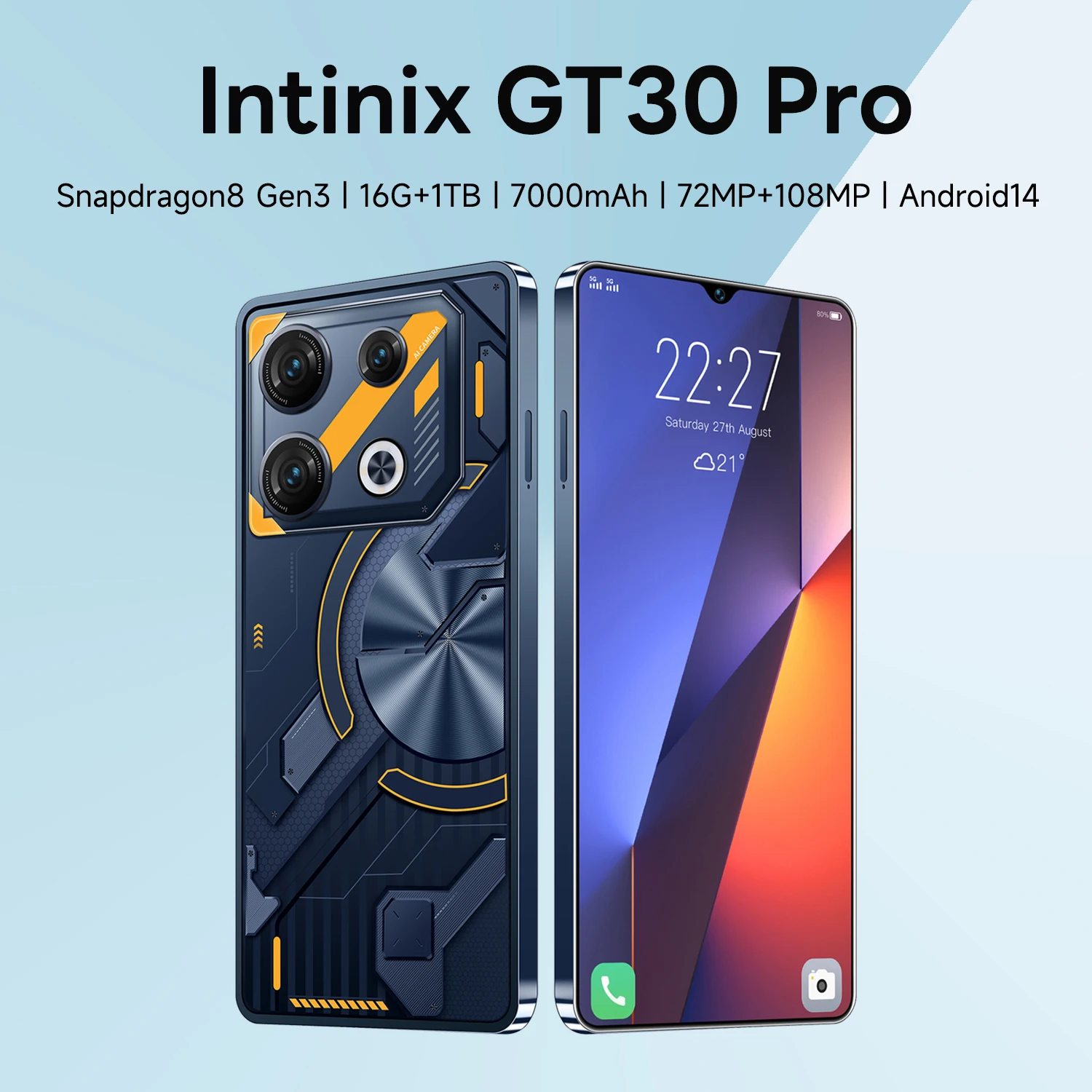 Intinix ? tlphone Android Original GT30 Pro Snapdragon8 Gen3, 16 go + 1 to, 7000mAh, 72mp + 108mp, rseau 4/5G, Version mondiale dbloque