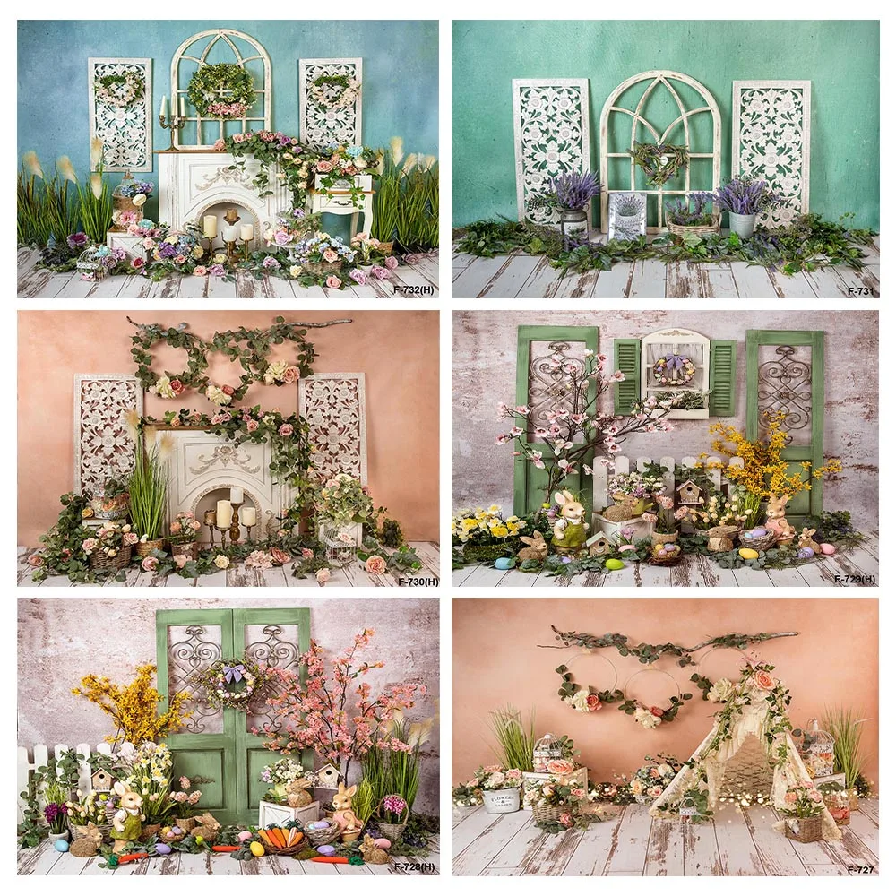 Spring Easter background rabbits, flowers, wooden boards, wooden doors, used to decorate the birthday photography background