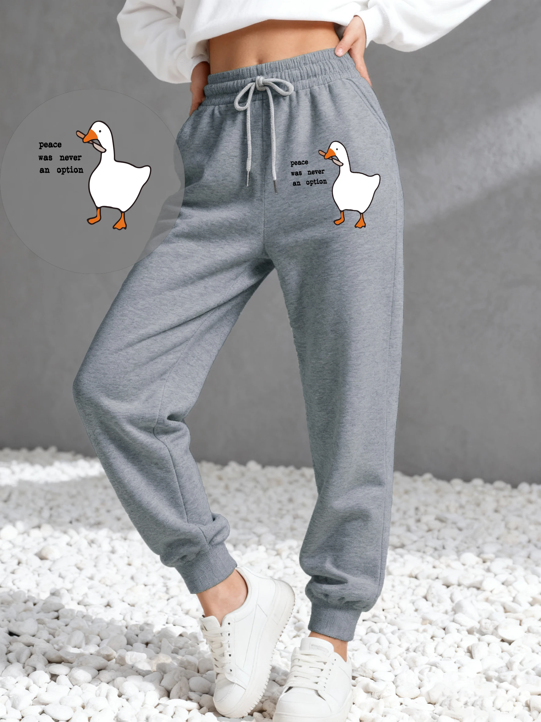 Peace Was Never An Option Goose Print Women Sweatpant Street Soft Pant Pocket Multicolor Clothes Autumn Fleece Y2K Jogging Pants