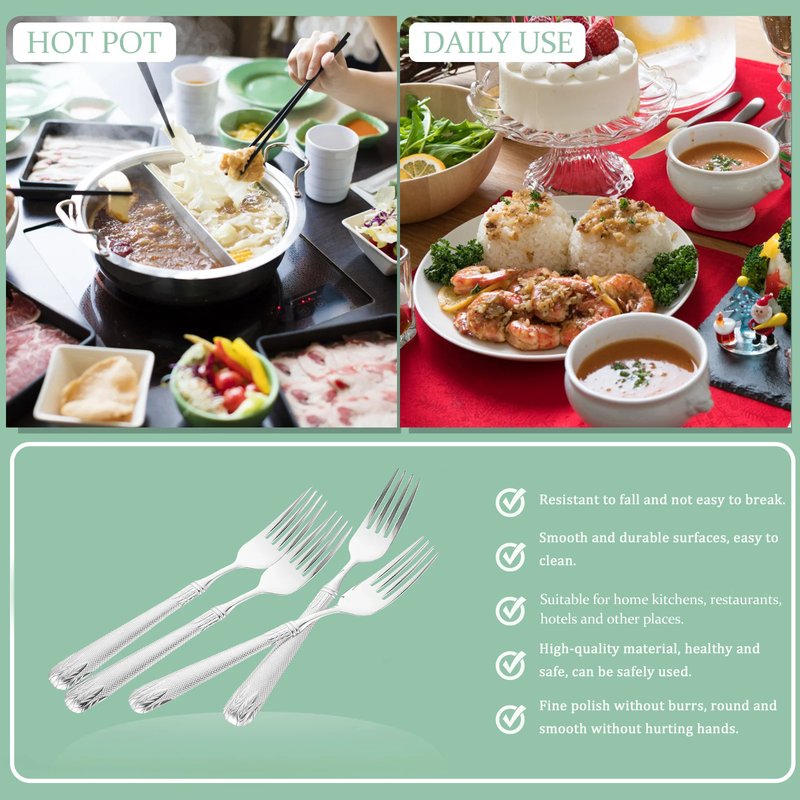 

4pcs Hammered Dinner Fork Stainless Steel Long Handle Bbq Tool Camping Fork Multi-Purpose Tableware Kitchen Barware Set