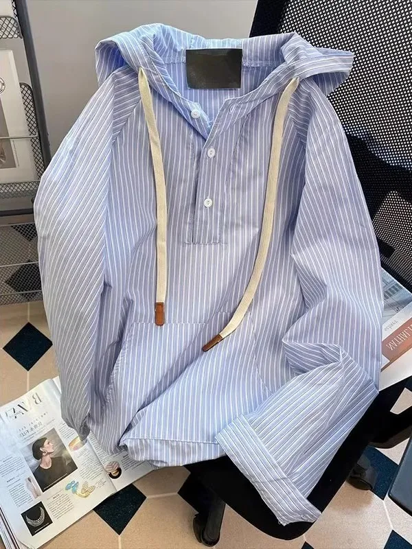 

Мужская дышащая повседневная рубашка с длинным рукавом в японском стиле Харадзюку, в полоску, с капюшоном, больших размеров, весна-осень