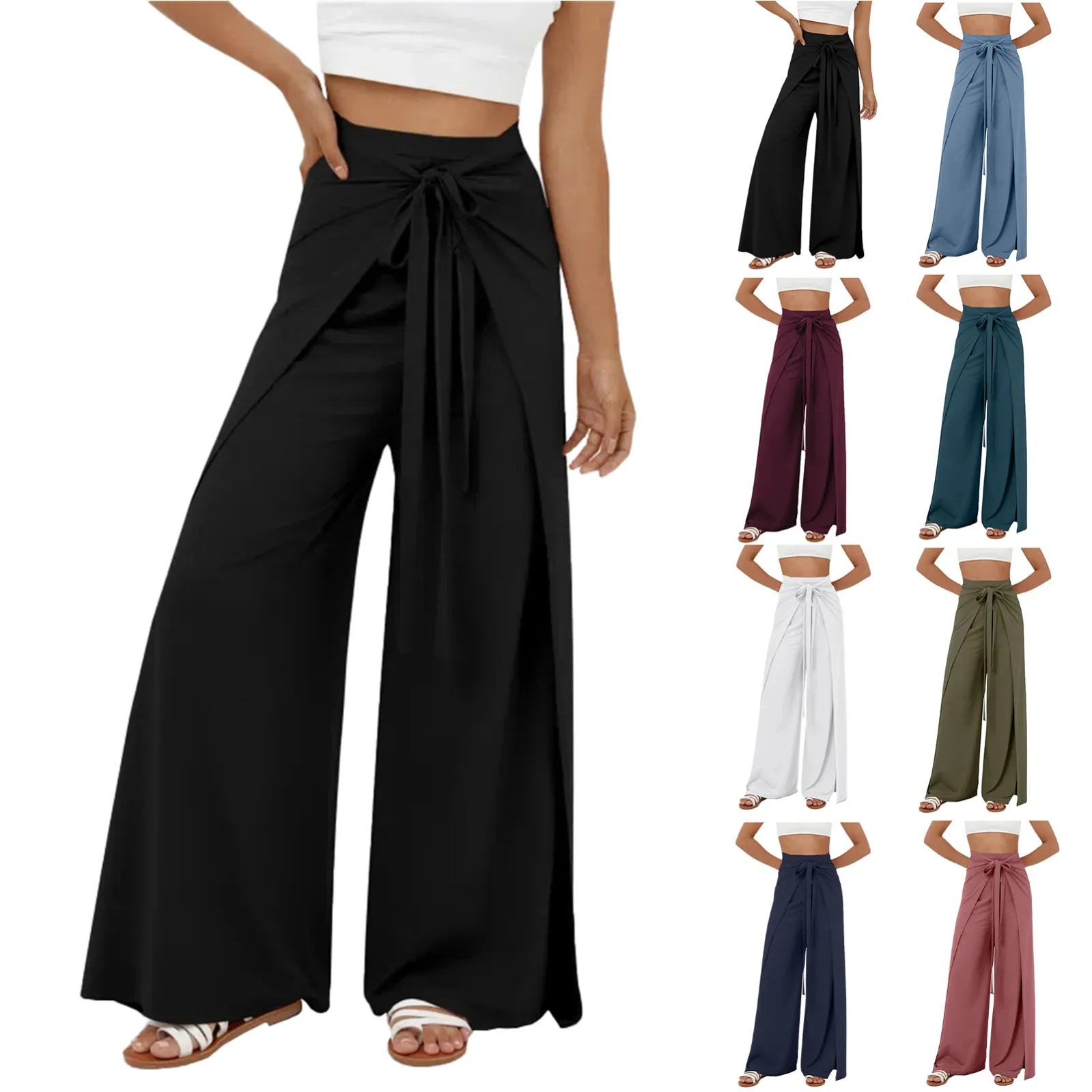 High-Waist Belt Slit Wide-Leg Quick-Drying Casual Pants Yoga Wide-Leg Pants Side Slit Summer Casual Wide-Leg Pants Pantalon