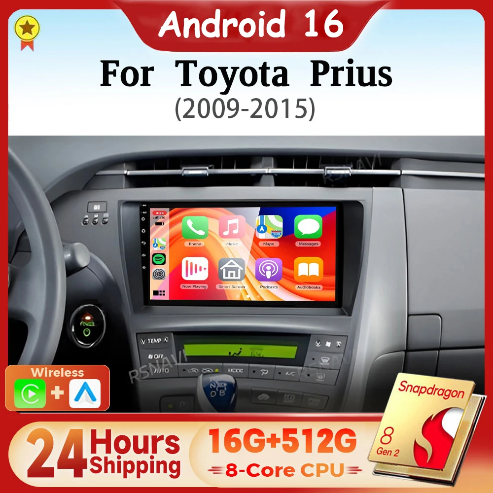 Android 16 Qualcomm Carplay Auto Car Radio Multimedia Player For Toyota Prius XW30 2009 - 2015 Audio Autoradio GPS BT Snapdragon