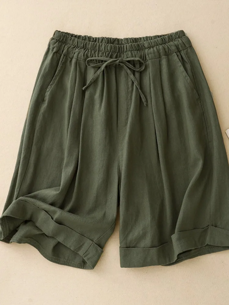 Artístico cor pura simples algodão linho perna larga ort calças femininas verão solto versátil casual algodão com punho calças de cinco quartos