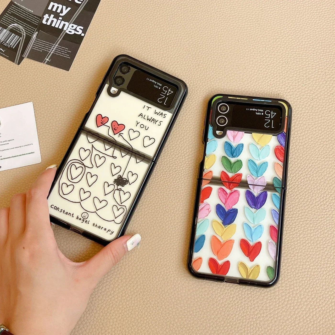 

Acrylic Black Border Colorful Hearts Phone Case for Samsung Galaxy Z Flip 5 4 3 Back Cover for ZFlip4 ZFlip5 Hard Case Shell