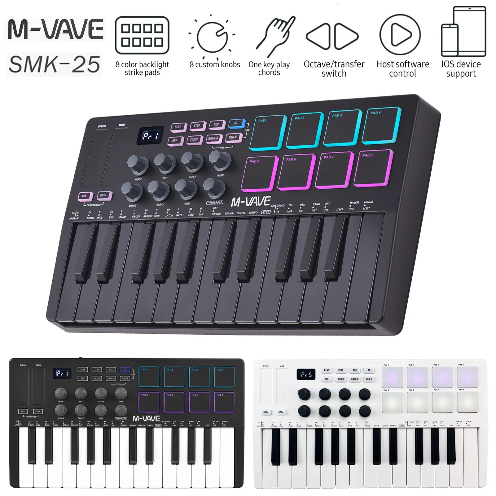 

MIDI-клавиатура M-VAVE SMK-25, 25 клавиш, 8 RGB-подсвечиваемых драм-пэдов, для создания битов, музыкальная клавиатура, ударные пэды для музыкального производства