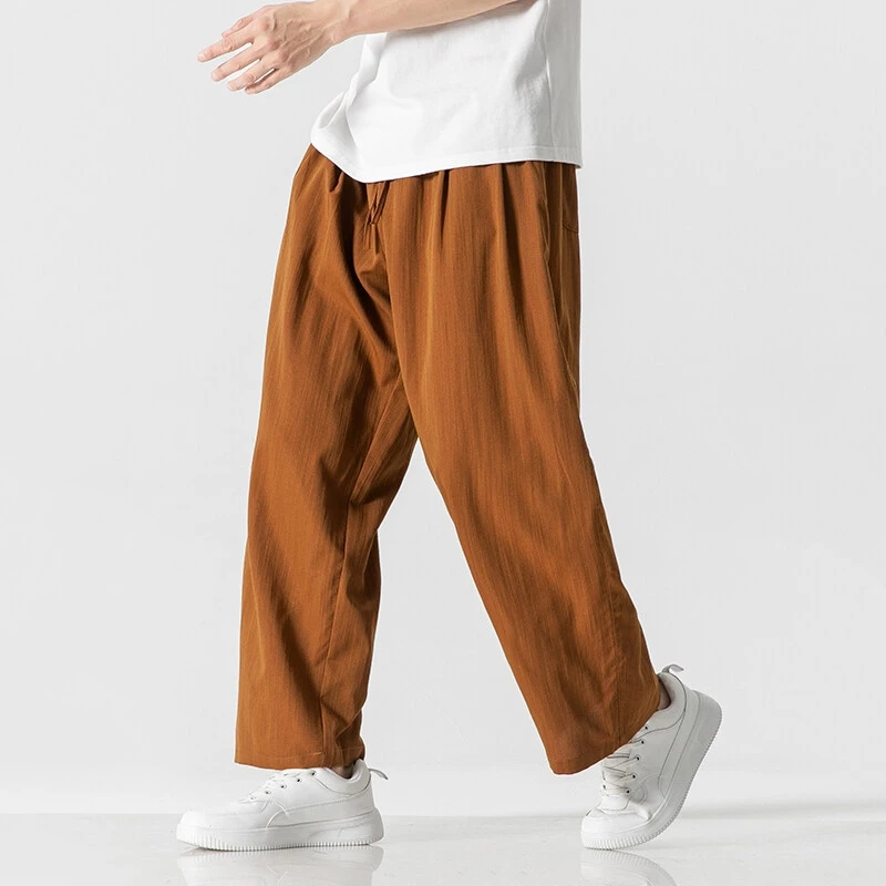 Men Cotton Linen Wide Leg Pants Straight Leg Pants Summer Light Thin Elastic Waist Sweatpants Loose Oversize Solid Casual Pants