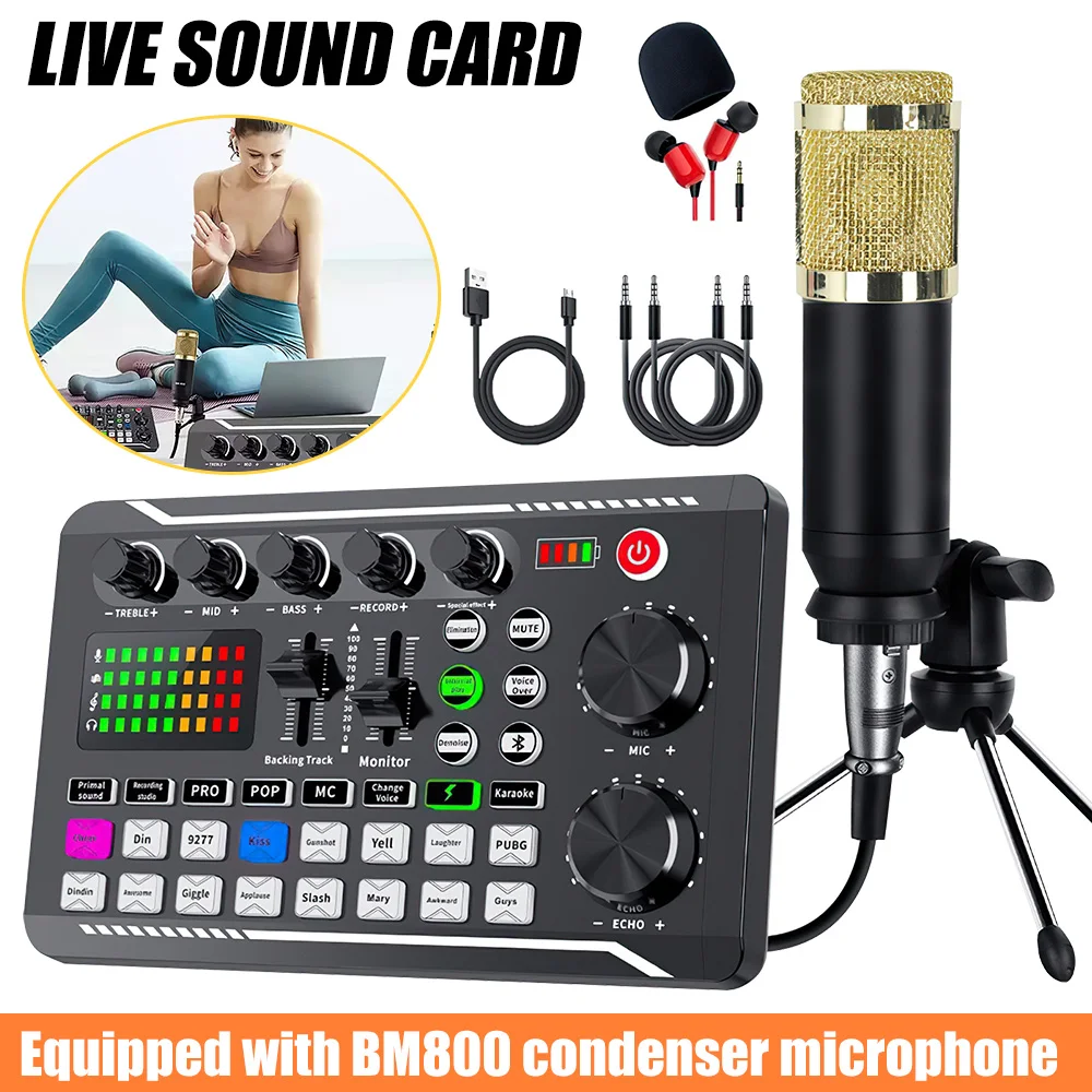 Portable Sound Card Kit Studio Music Audio Mixer Wired Condenser Microphone with Tripod Stand Podcast Equipment Live Sound Mixer