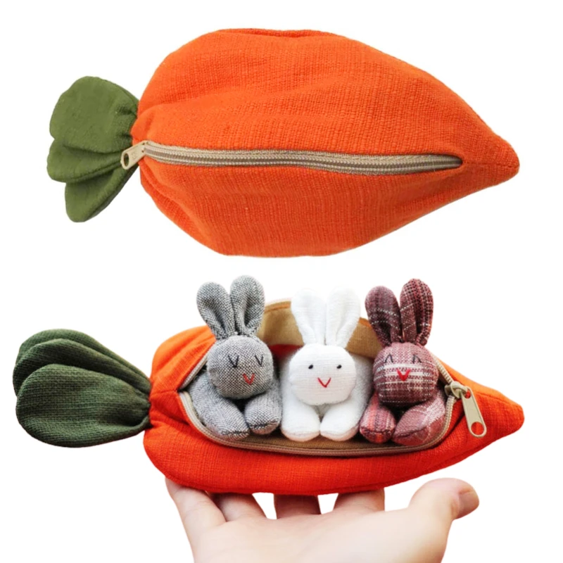 Easter Mini Plush Bunny Doll 3 Bunnies In Carrot Purse Toy Easter Decorations Cute Rabbits Portable Bag For Children Gifts Home