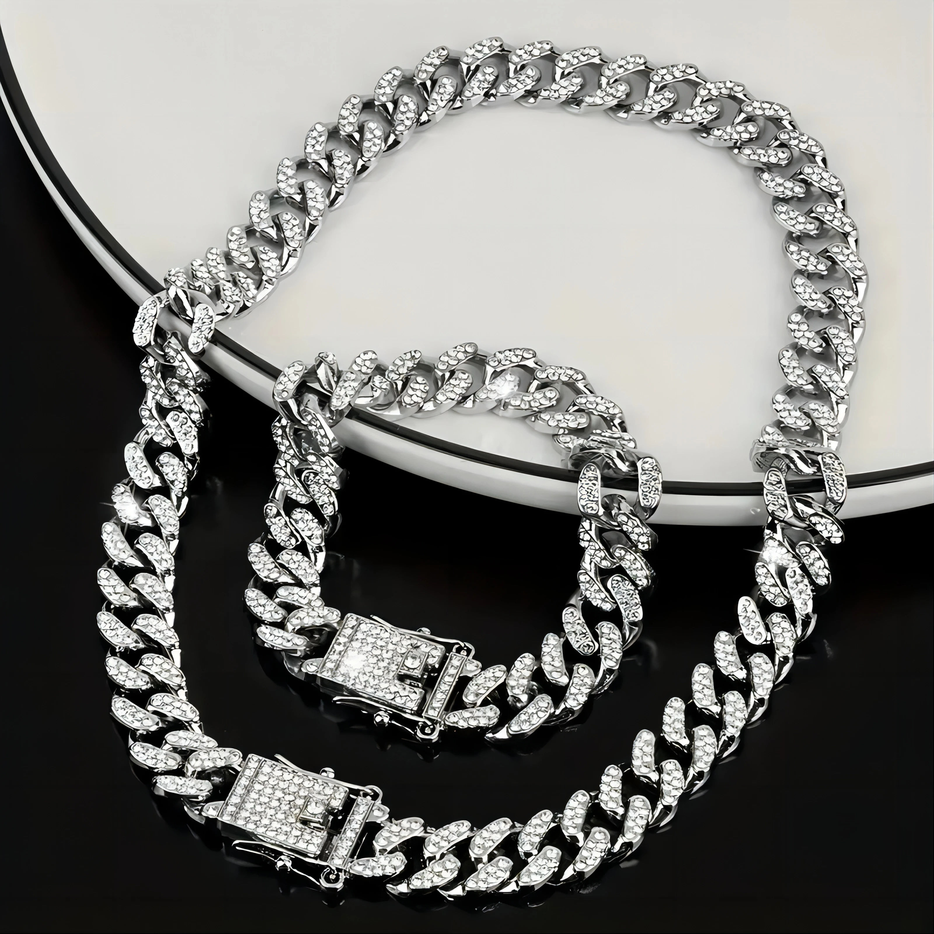 Men Women Hip-hop Punk Cuban Chain Stylish Sliver Cuban Chain+Bracelet 2-in-1 Set Personality Trend Street Style Jewelry Gift image 4