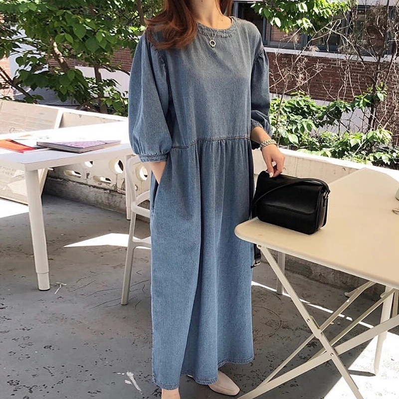 Retro Lazy Sle round Ne High Waist Loose ket Seven Sve Wa Blue Jeans Long Dr Chic Commute Loose Waist