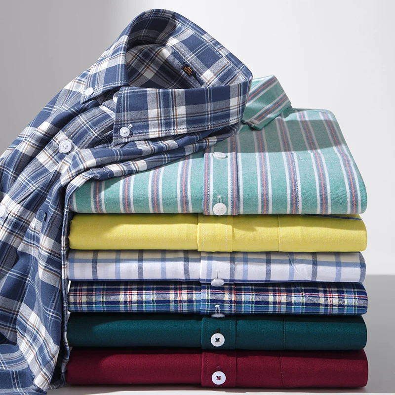

﻿ Hight Qulity Plus Size 11XL Oxford Shirts For Men Long Sleeve 100% Cotton Plaid Stripe Solid Business Formal Causal Soft Tops
