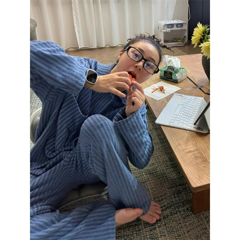 Ins Korean Simple Striped Pajamas Women's Autumn and Winter New Loungewear Large Size Suit Can Be Worn Outside Comfortable