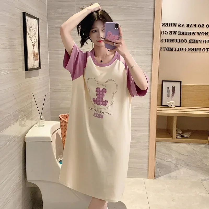 New Nightdress Women's Spring and Summer Thin Short-sleeved Chest Pad Loose Women's Dress Cartoon Loungewear Pajamas