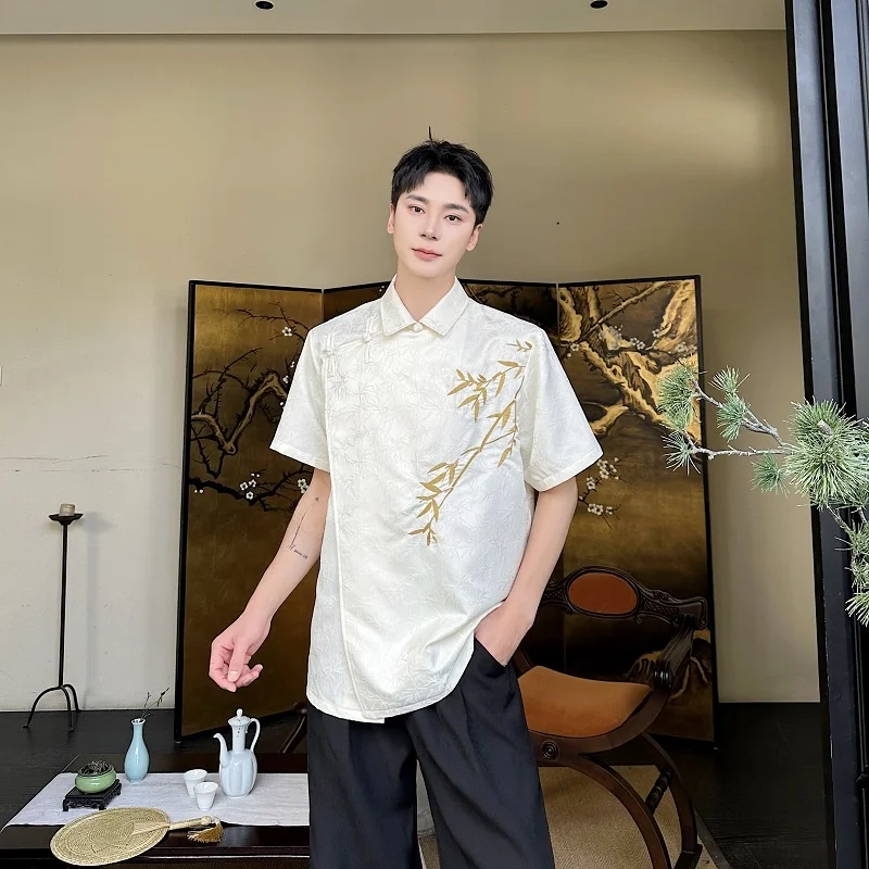 

New Summer Chinese Sle Embroidered Bamboo Design Casual Men's ort Sve irt Vintage National Trend Button up irt