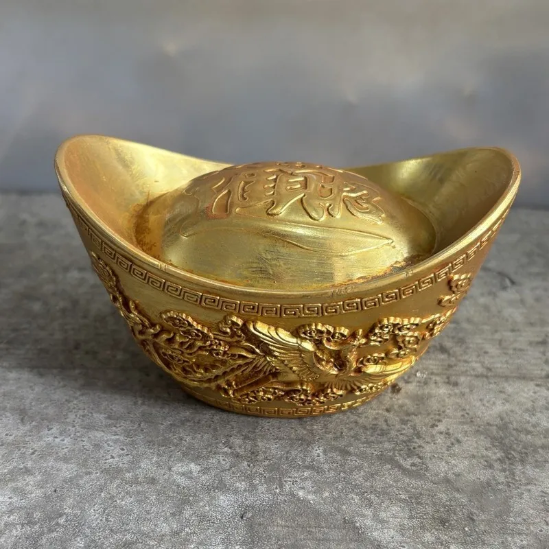 Dragon Phoenix Auspicious Alloy Gold Ornament, Ingot Treasure Basin Decoration for Living Room, Opening and Housewarmi