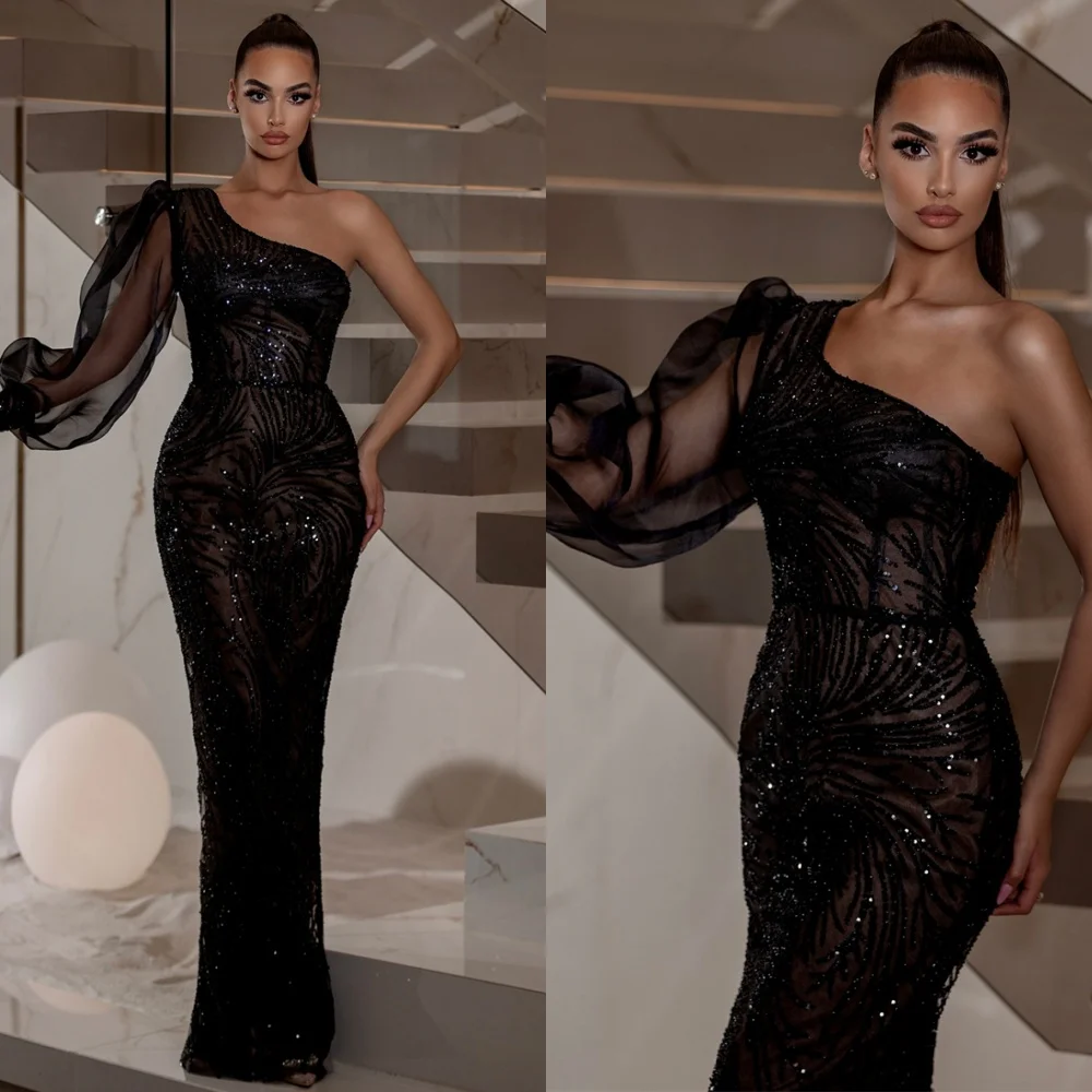 Robe de soirée en Tulle noir, personnalisée, exquise, moderne, asymétrique épaule dénudée, manches longues, robes d'occasion spéciale, robe de bal sirène