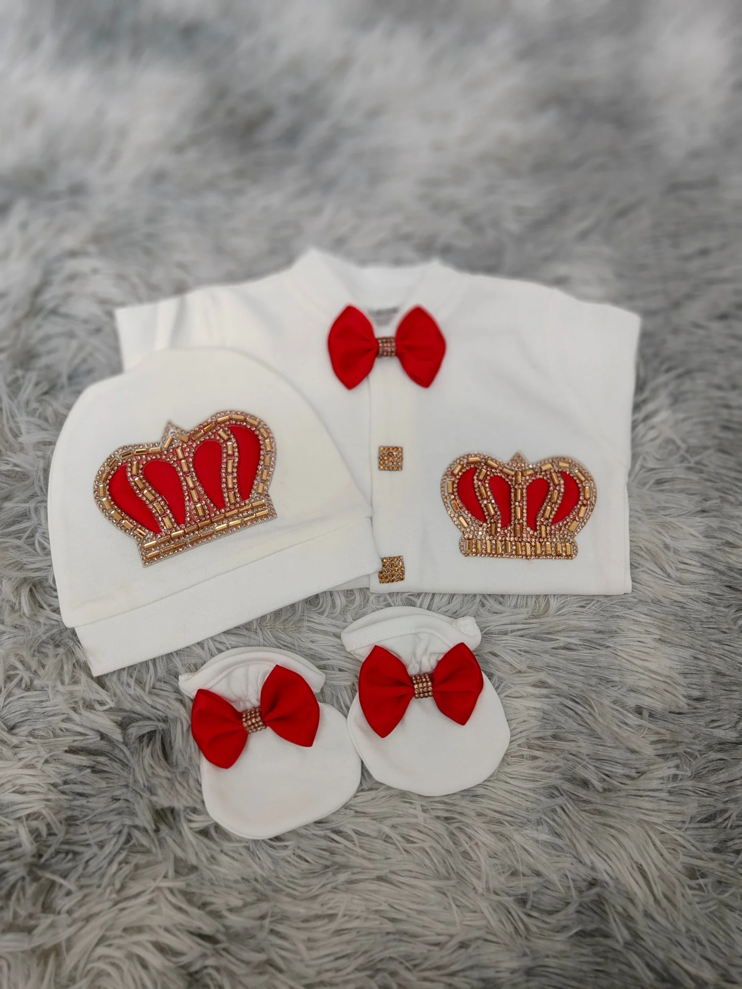 Soft Cotton Red Satin Bow Rhinestone Crown Baby Footed Romper Newborn 0-9 Months 3Pcs White Prince Royal Jumpsuit Gift