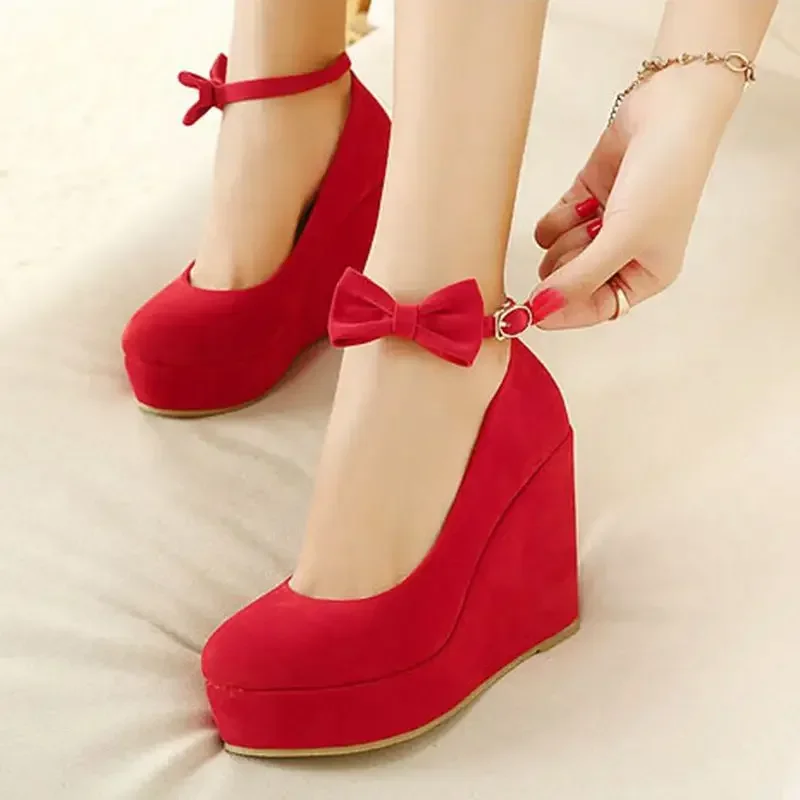 2024 New Bow Wedge Women\'s Shoes Large Size Wedding Party Shoes Black/Red Thick Sole Fashion Women\'s High Heels