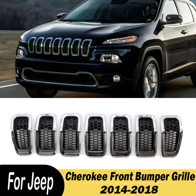 7Pcs Car Front Grill Racing Front Bumper Grille For Jeep Cherokee 2014-2018 Insert Trims Ring Cover Vent Hole Frame Garnish