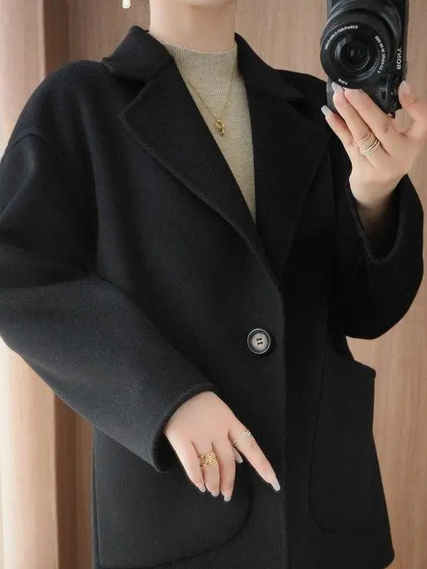 Cappotto Faionable double face da donna coreano di grandi dimensioni semplice capispalla in lana con un bottone in seta per l'autunno e l'inverno