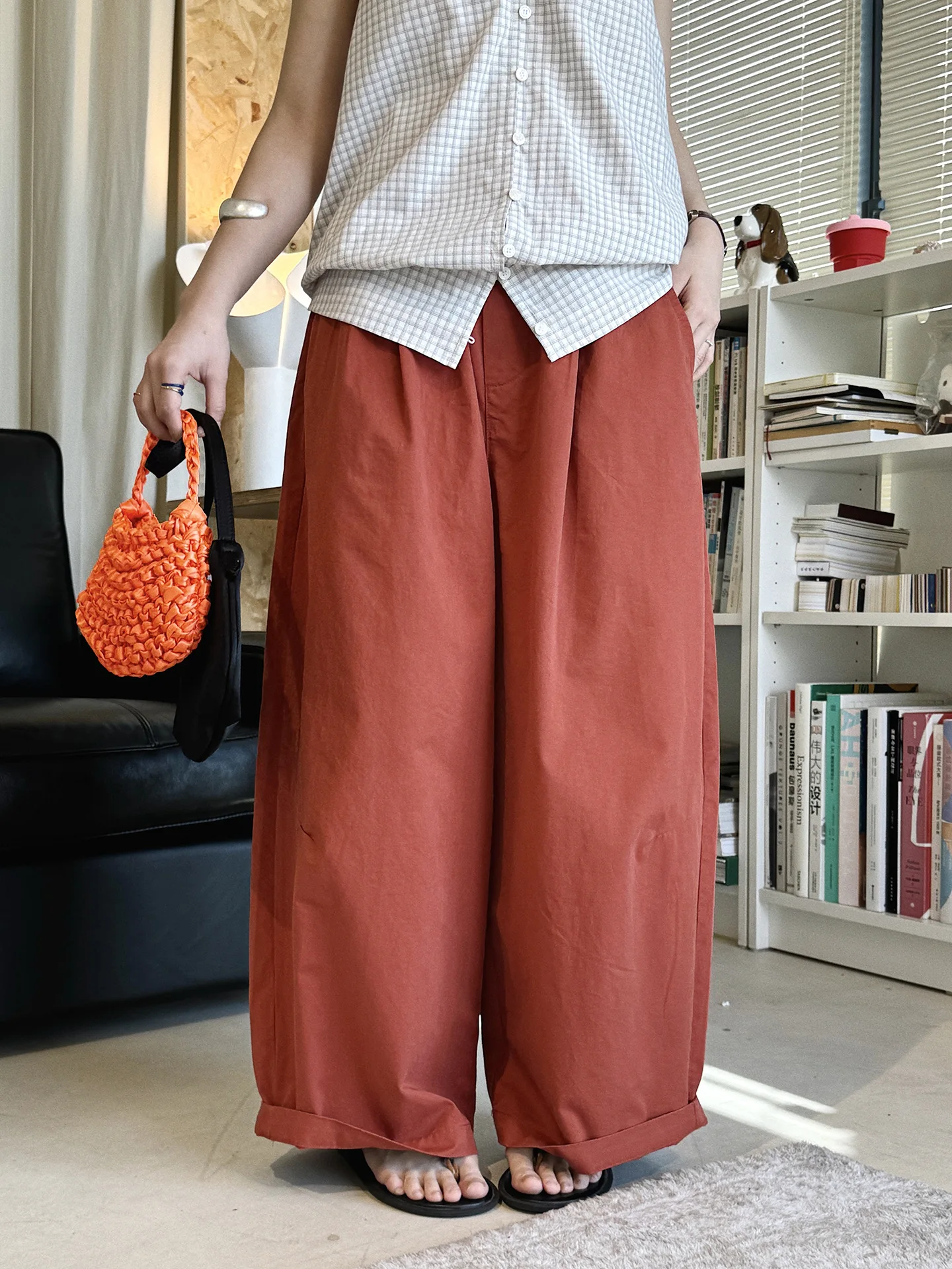 Summer elastic waist three-dimensional curved knife casual pants wide leg silhouette pants for women