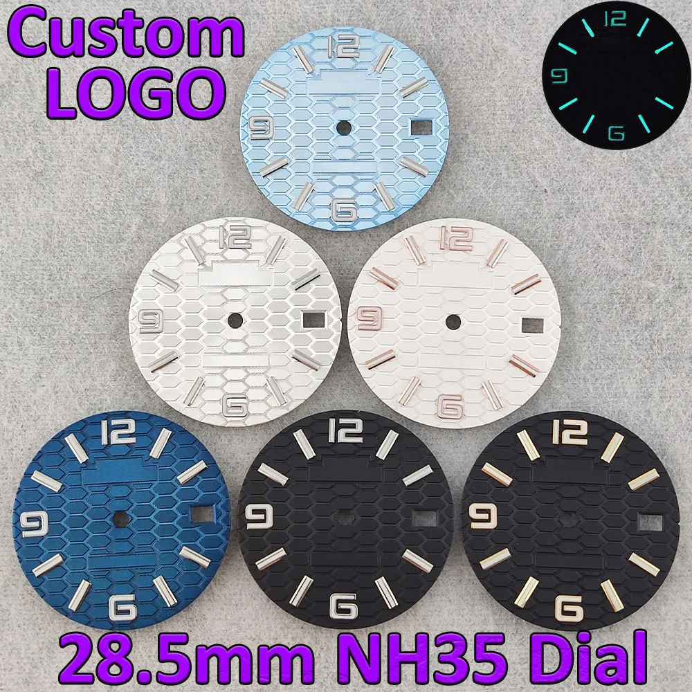

Циферблат 28,5 мм, циферблат NH35, светящийся циферблат NH36, синий циферблат, индивидуальный логотип, лазерная печать, подходит для часов с механизмом NH35/36, аксессуары