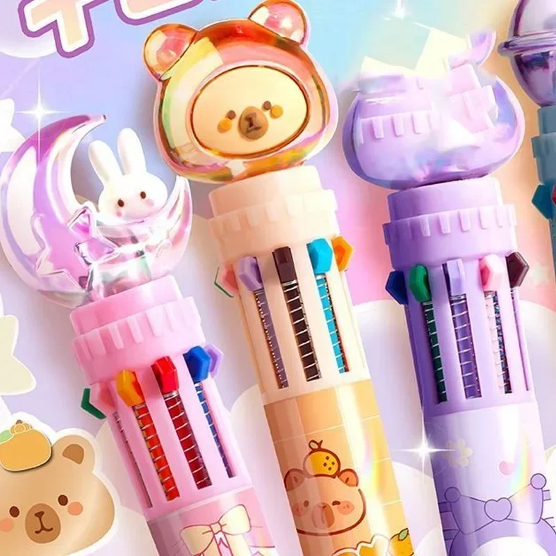 New Laser Capybara Kawaii 10 Multicolored Pens Cute bear Cartoon Ballpoint Pen School Office Supply Stationery kids gift