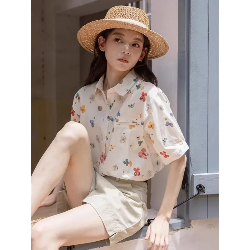 

Женская винтажная блузка с цветочным принтом и короткими рукавами, свободного кроя, повседневный летний топ