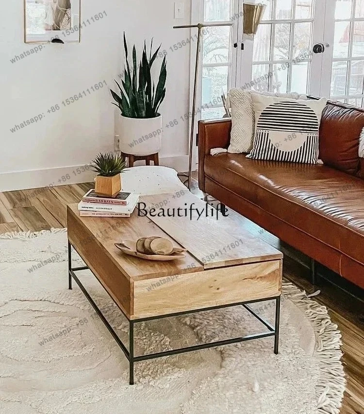 Lifting Tea Table Modern Oak Multi-Functional Tea Table Solid Wood Adjustable Storage Minimalist Small Tea Table