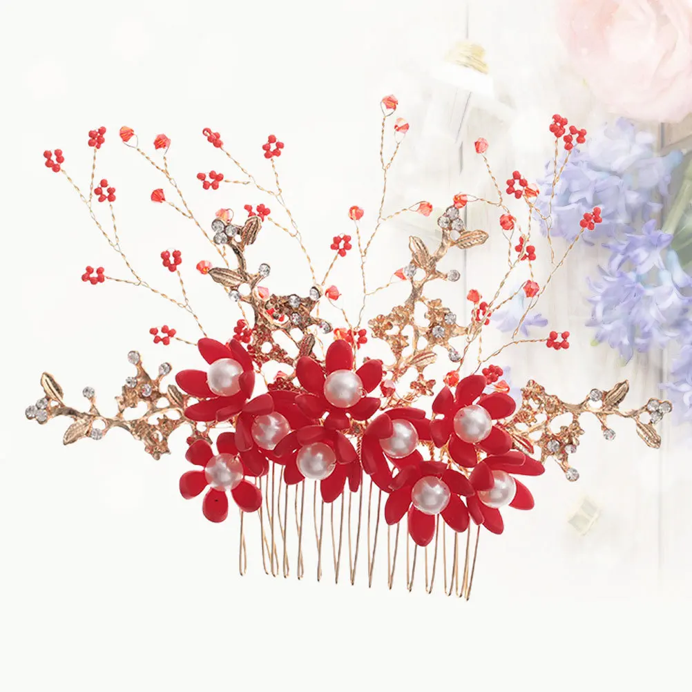 

Handmade Pearl Bride Headdress Red Flower Shape Elegant Hair Insert Comb Wedding Party Hair Accessories Handmade Comb