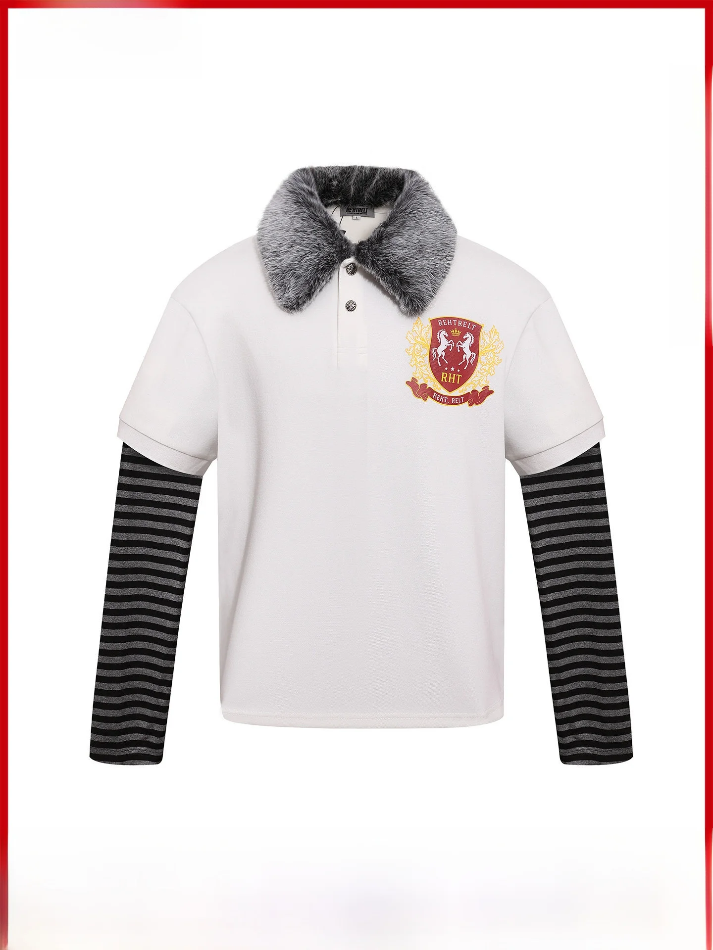 Detachable Fur Collar Fake Two-Piece  Shirt Men's Y2K Short Wide Fit Long Sleeve T-Shirt Visual Style Leopard Print City ...