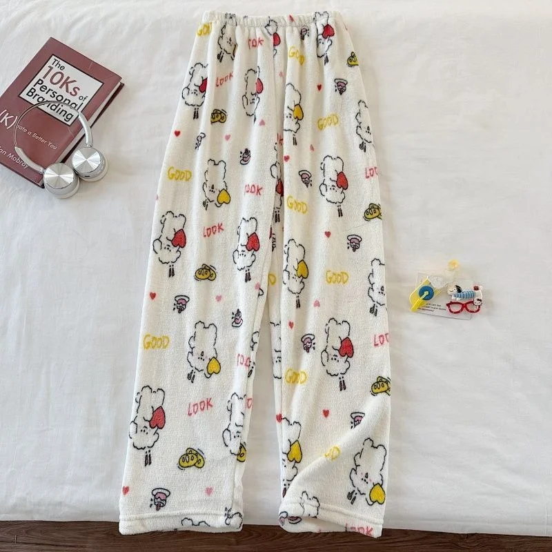 Winter Cartoon Coral Fleece Warm Women's Sleeping Pants, Comfortable and Cute Girls' Home Pants, Loose and Soft Plush Pants