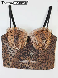 Sexy backless Leopard Printed crop top for women summer nightclub Party mesh Bustier Female Streetwear hotwife Beach Halter Tops