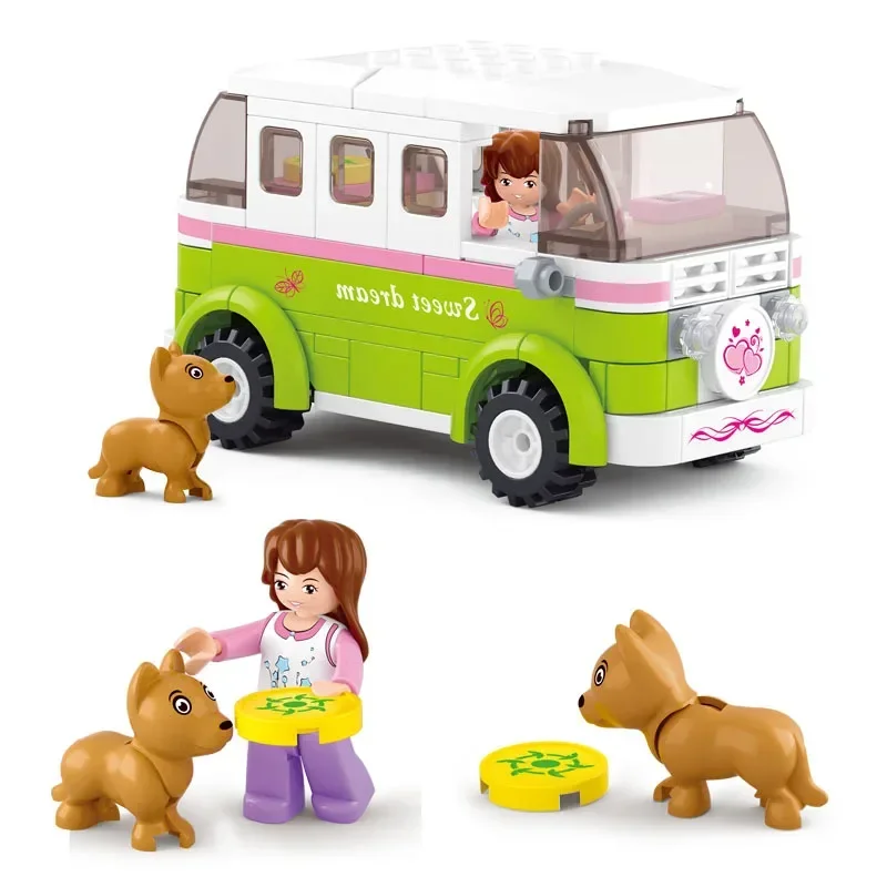 [Grappig] 158 stks/set Vrienden Station Wagon Dream Uitje Reizen Auto Puppies Bouwstenen Auto + Figuur + Hond model sets kids gift speelgoed