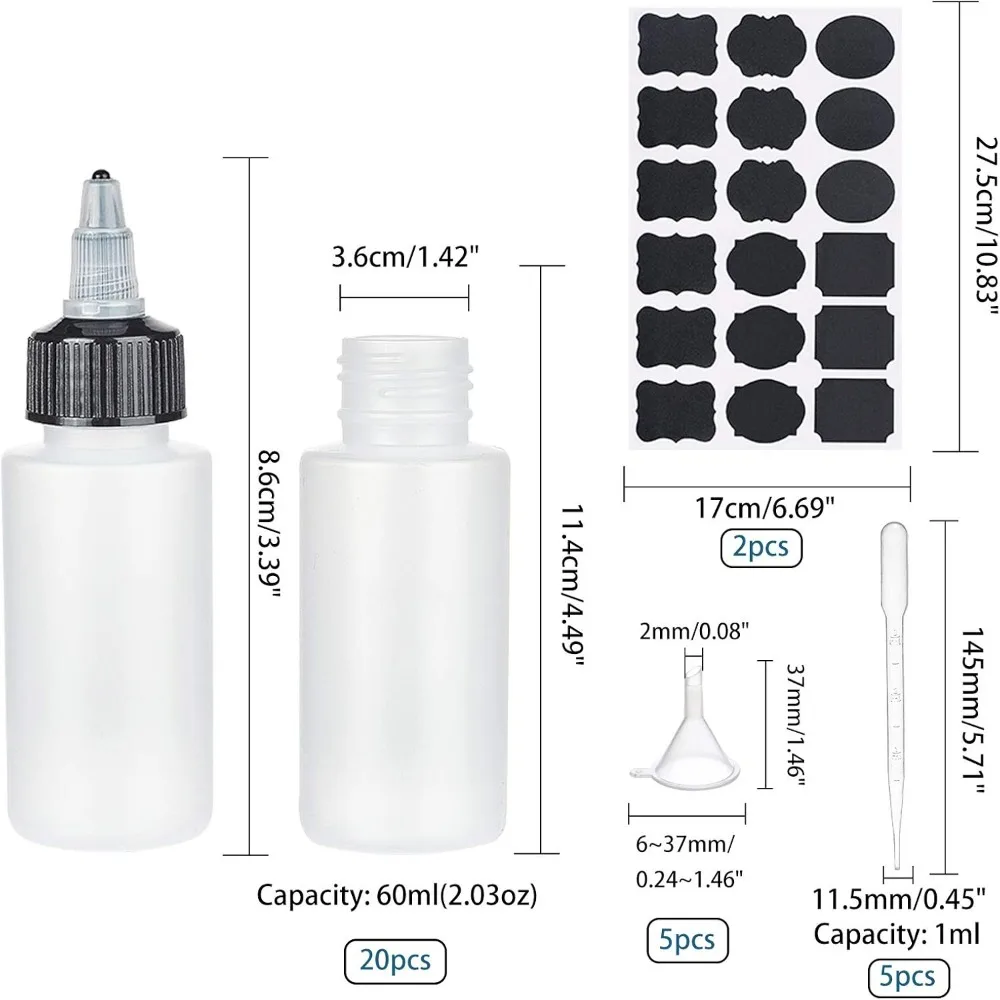 20 Pack 2oz Squeeze Bottle Plastic Empty Dispensing Bottle with Twist Top Caps with Sticker Pipettes and Funnel Hopper for Hair