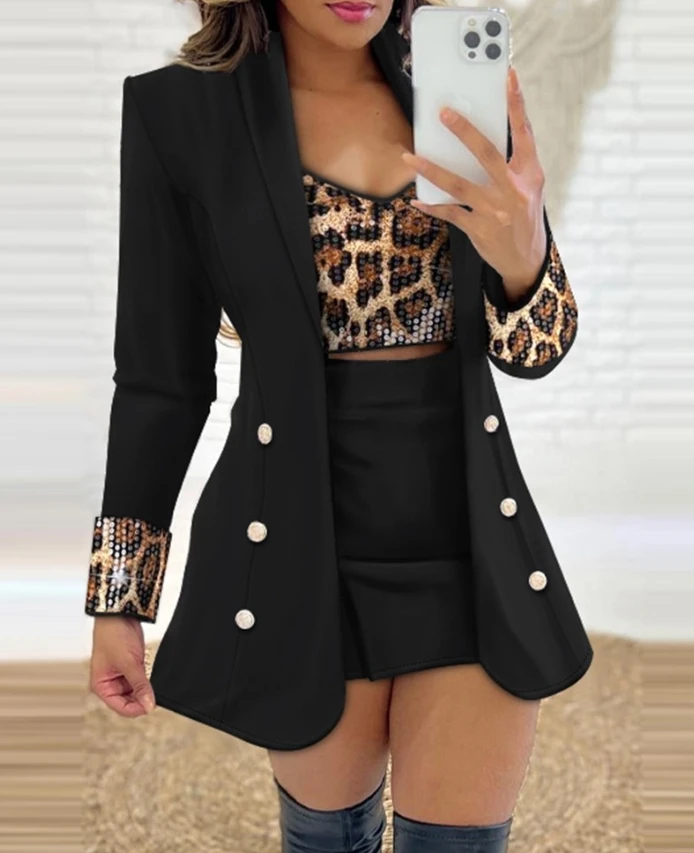 Sexy 2 Piece Leopard Pattern Shawl Collar Long Sleeve Coat Contrast Sequin Top Work Suit Set 2025 Autumn Winter Fashion Casual