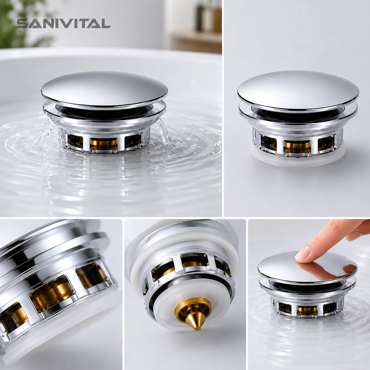 SANIVITAL Universal Basin Pop Up Drain Stopper 40mm Stainless Steel Sink Plug Leak Proof Anti Clog Filter Core