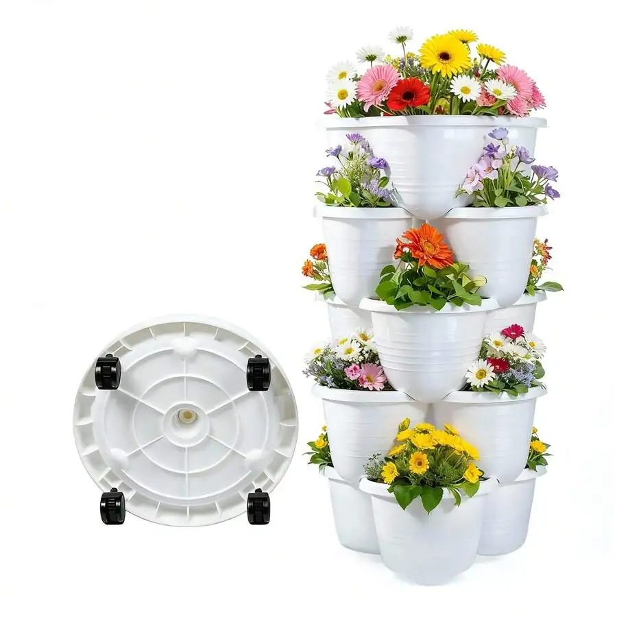 5-Tier Stackable Planter Tower With Locking Wheels, Indoor Outdoor Vertical Garden For Herbs, Strawberries, Flowers, Vegetables In White