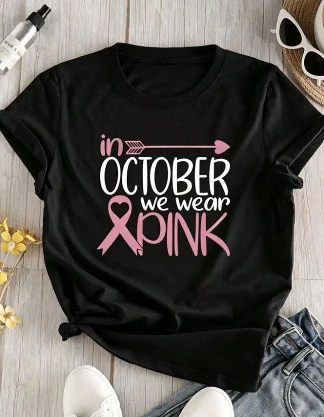 In October We Wear Pink T Shirt Women Breast Cancer Awareness Ribbon Graphic Tee Arrow Message Printed Casual Tops Summer Gifts